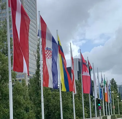 Hrvatska zastava među zastavama zemalja izlagača ispred sajma u Frankfurtu